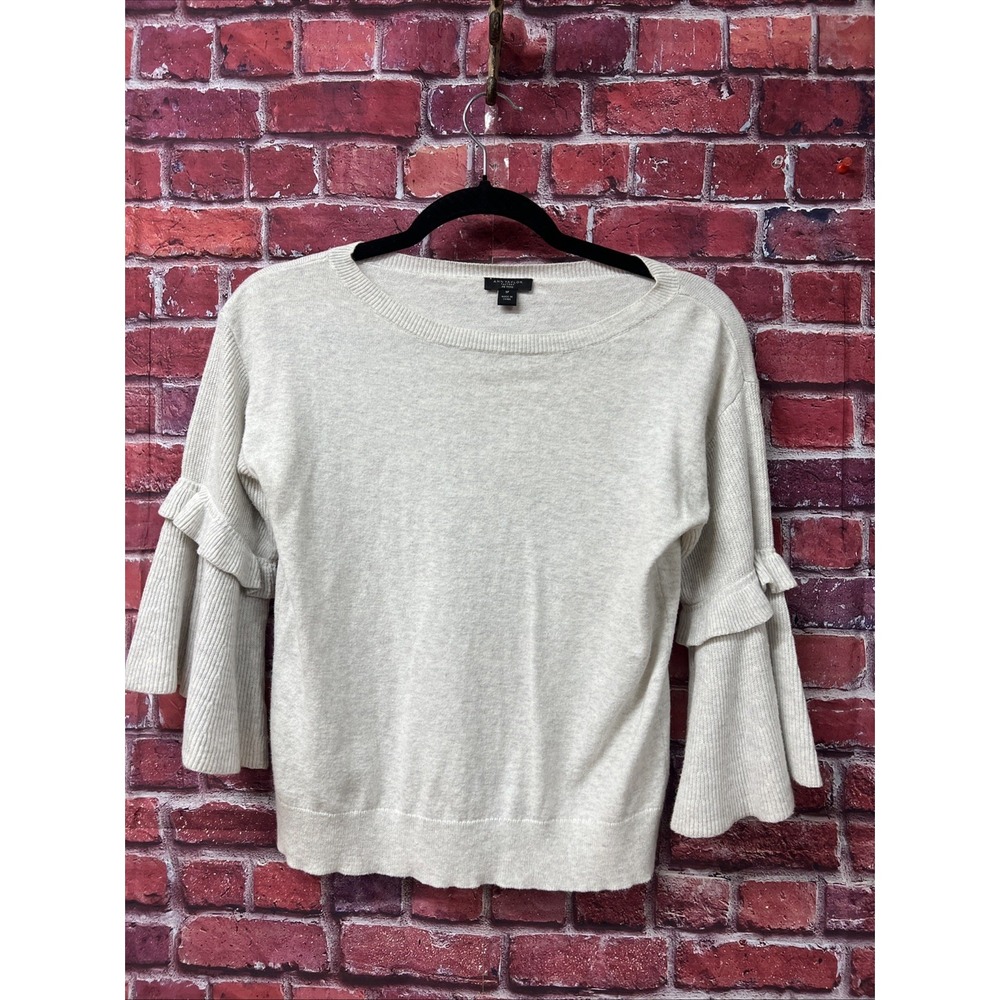 Ann Taylor Factory Petite Oatmeal Beige Ruffle‎ Bell Sleeve Crew Neck Sweater SP